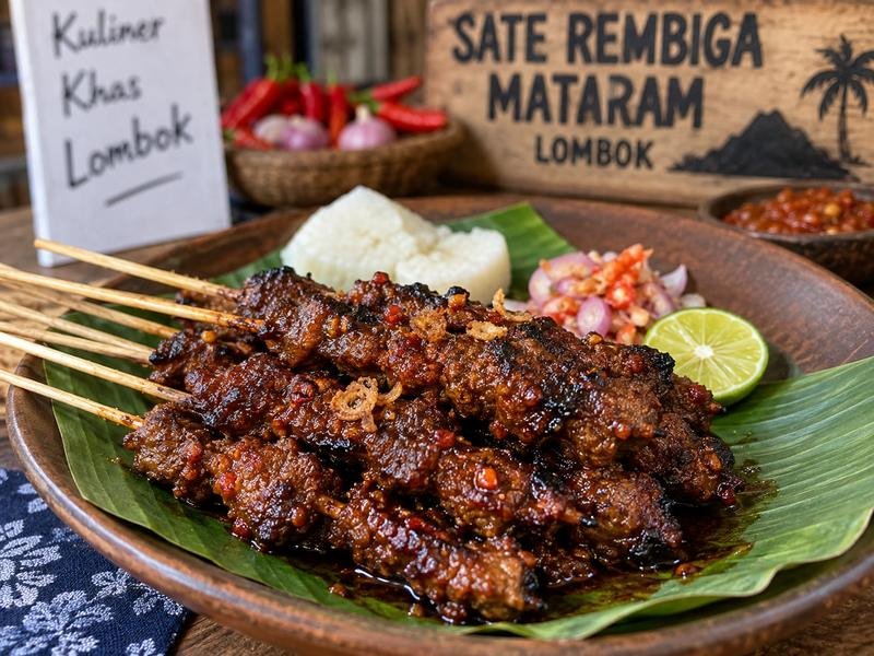 Sate rembiga Mataram dengan sambal dan lontong khas Lombok