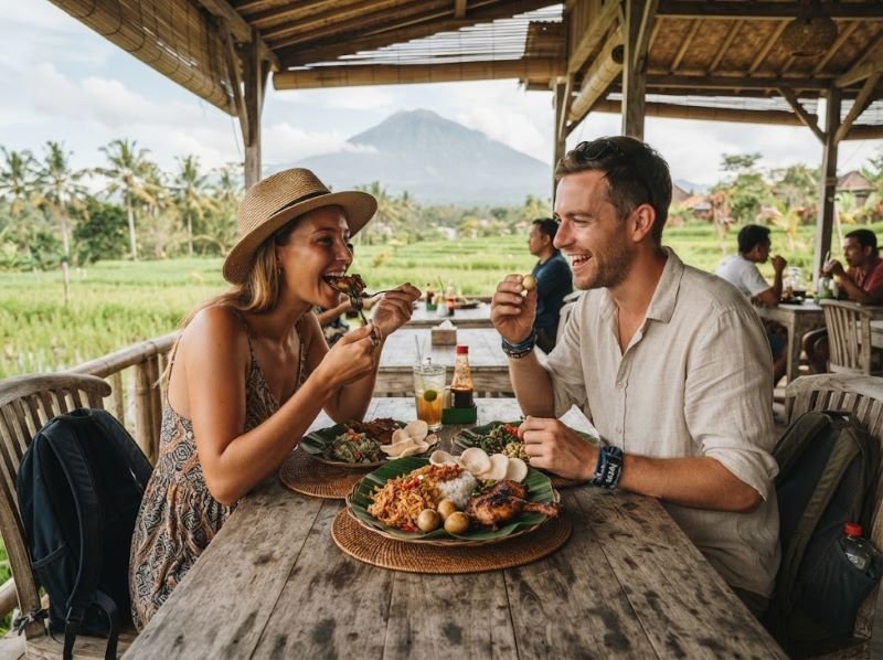 Traveler menikmati makanan lokal saat liburan di Lombok