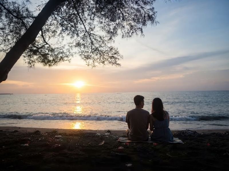 menikmati senja di Pantai Gading Lombok