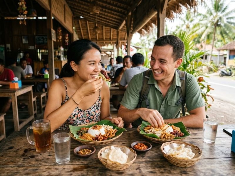 wisatawan menikmati nasi balap lombok