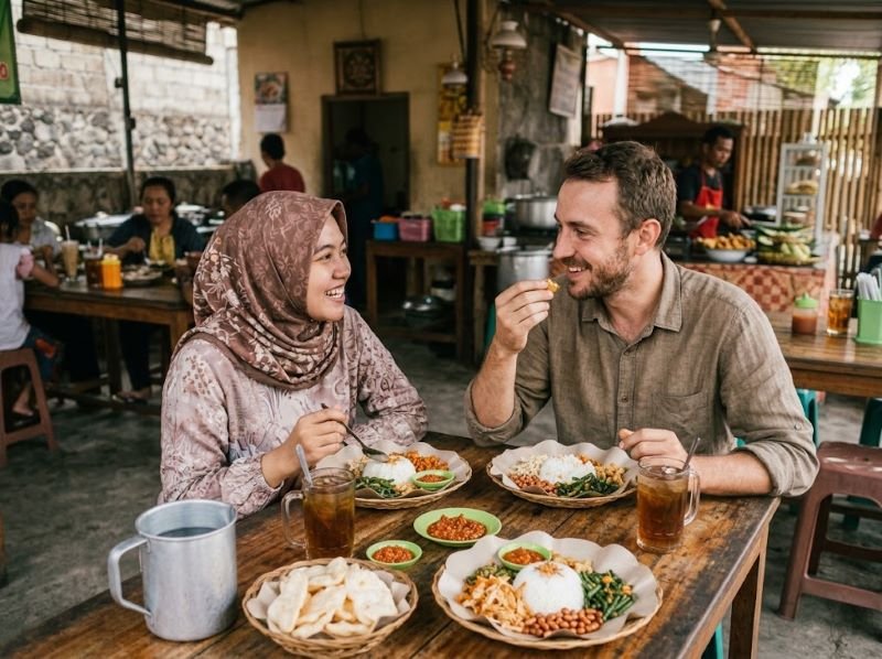 wisatawan menikmati nasi balap puyung lombok