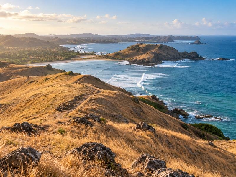 Lereng Bukit Merese yang kecokelatan saat musim kering dengan garis pantai di kejauhan