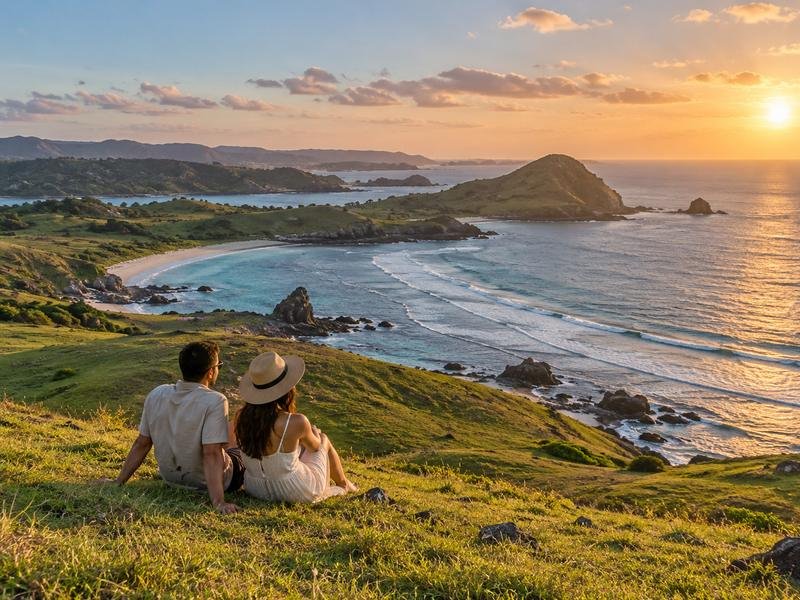 Pasangan wisatawan menikmati pemandangan laut dari perbukitan di kawasan Mandalika Lombok