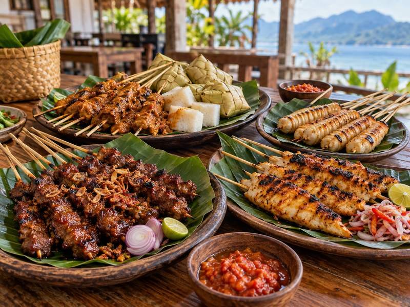 aneka sate khas lombok tersaji hangat di meja makan warung lokal