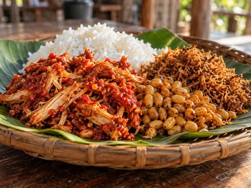 ayam suwir kedelai serundeng nasi puyung