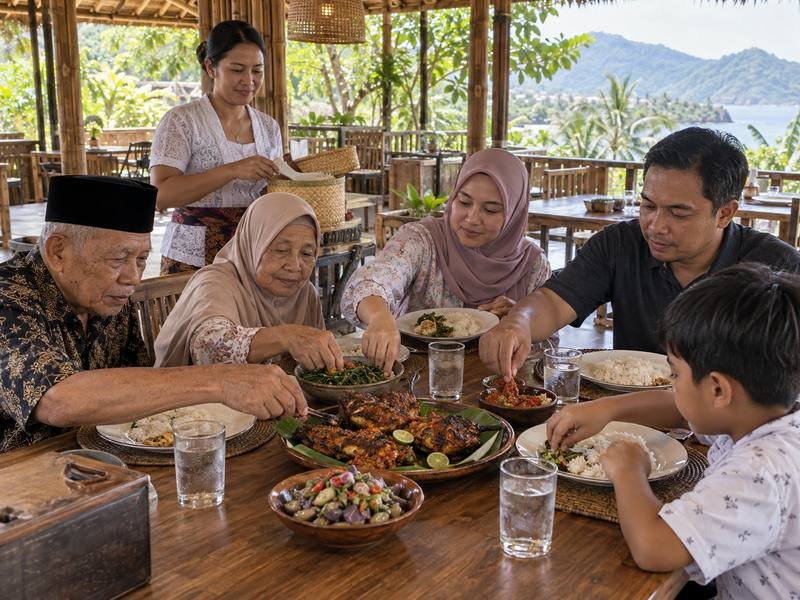 keluarga menikmati ayam taliwang saat liburan di Lombok