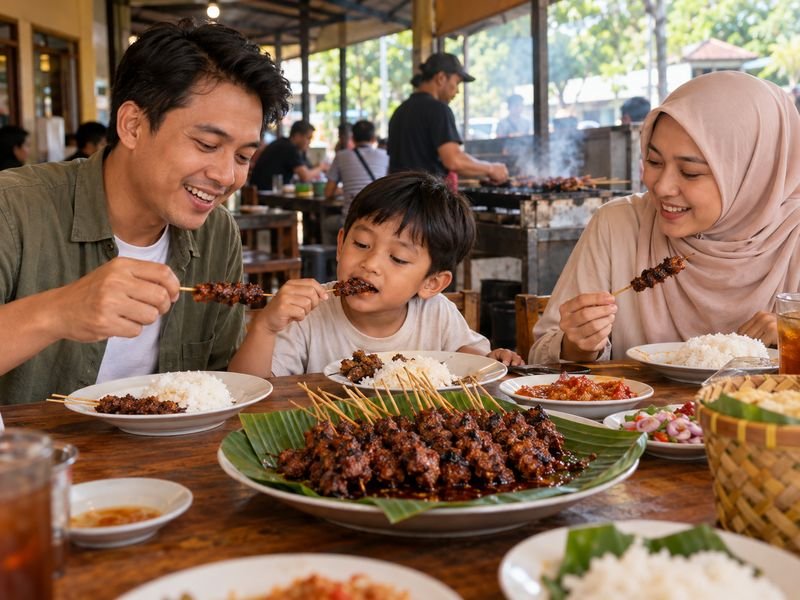 keluarga menikmati sate rembiga bersama nasi hangat di warung lombok
