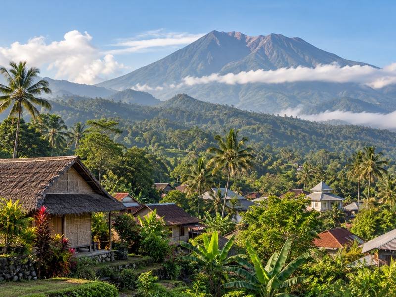 Panorama Senaru Village Lombok dengan suasana desa di kaki Gunung Rinjani