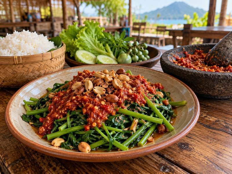 plecing kangkung dengan sambal khas lombok di meja makan