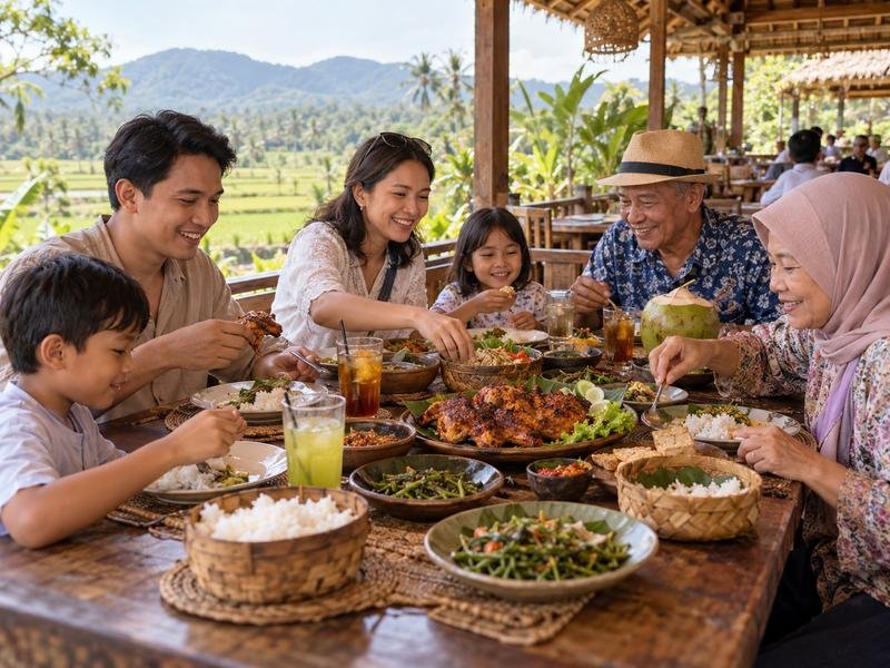 rombongan keluarga menikmati makan siang saat liburan di lombok barat