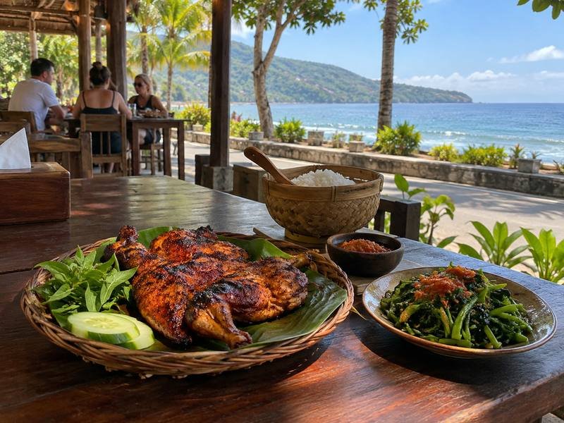 rumah makan ayam taliwang dengan pemandangan pantai