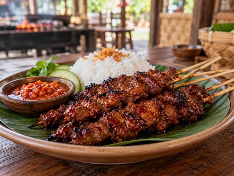 sate rembiga adalah sate daging sapi khas Lombok dengan bumbu pedas manis yang dibakar di atas panggangan