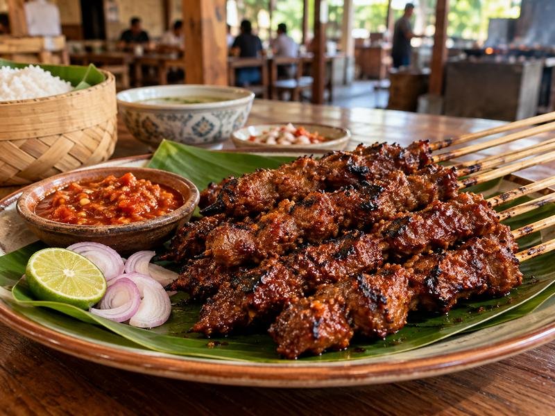 sate rembiga bakar dengan sambal pedas di warung rustic