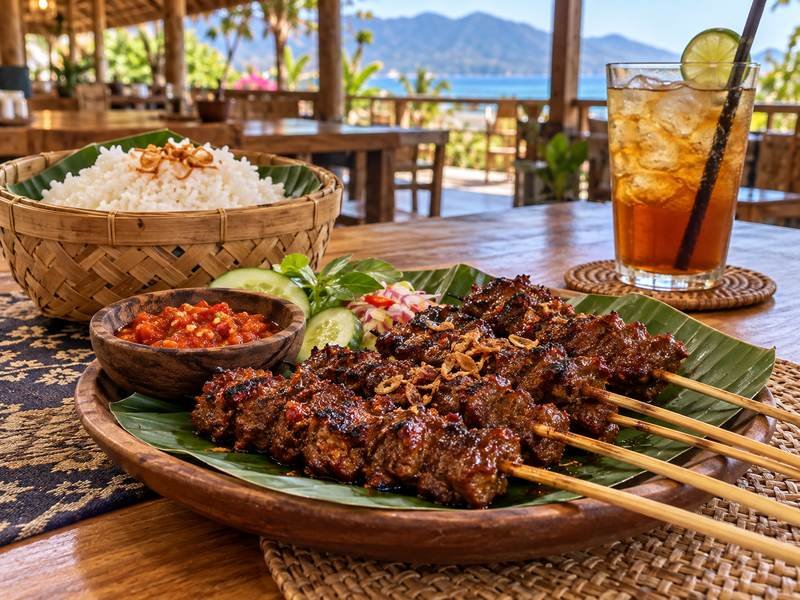 sate rembiga khas mataram dengan bumbu pedas manis