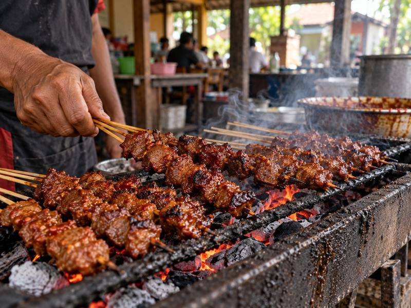 tusuk sate sapi lombok yang sedang dibakar di atas bara