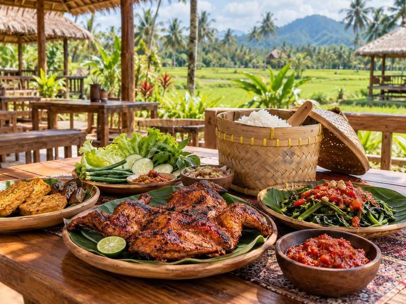wisata kuliner kebon ayu dengan hidangan lokal khas lombok di meja makan