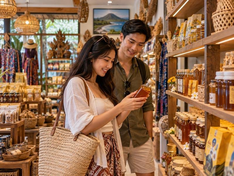 wisatawan memilih madu lokal di toko oleh oleh Lombok